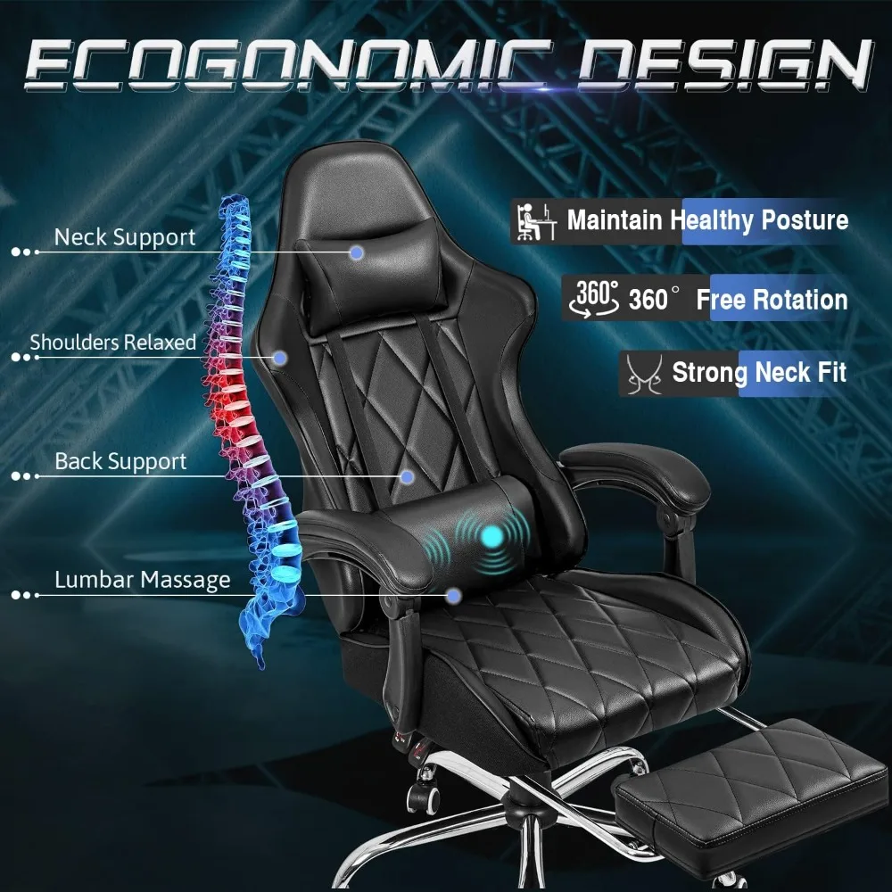 Gaming Chair with Ottoman and Massage Function Lumbar Support 360