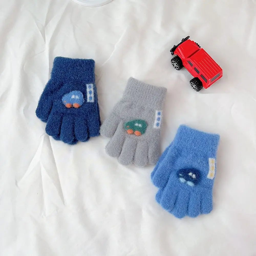 Winter Knitted Gloves Cartoon Warm Mittens Toddlers Outdoor Cartoon Pattern Cute Car Gloves For Kids Baby Girls