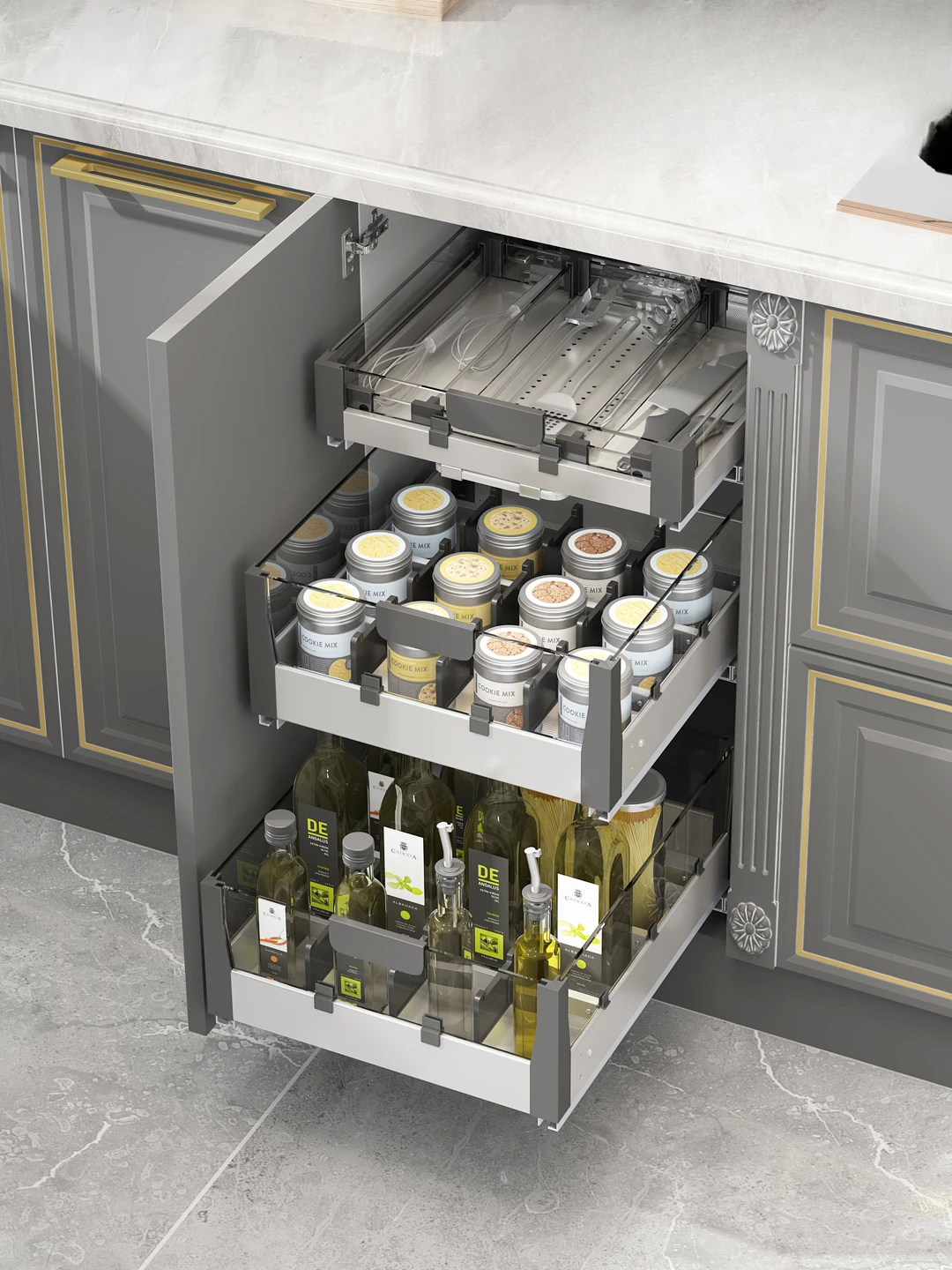 

Kitchen cabinets, 304 stainless steel seasoning baskets, drawers, push-pull storage baskets, divided into 3 layers with damping