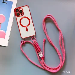 Crossbody Adjustable Lanyard Magnetic Phone Case with Plating Finish and Soft Cover - iPhone 14 (Red)