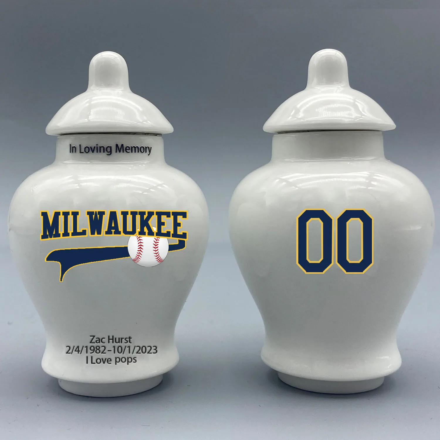 

Mini Urn for Milwaukee Brewers-Baseball themed.Please send me the customization information - name/date and number on the urn