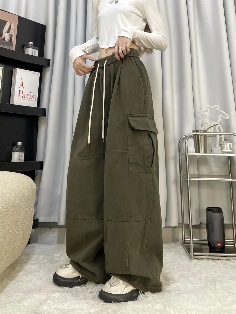 HOUZHOU Vintage Baggy Cargo Pants Women Y2k Sweatpants Drawstring High Waist Pocket Patchwork Wide Leg Pants Oversize Trousers