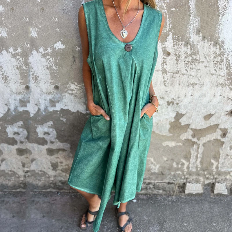 

Spring Casual U Neck Loose Boho Long Dress Women Vintage Solid Pocket Loose Party Dress Summer Sleeveless Tank Beach Dress Mujer
