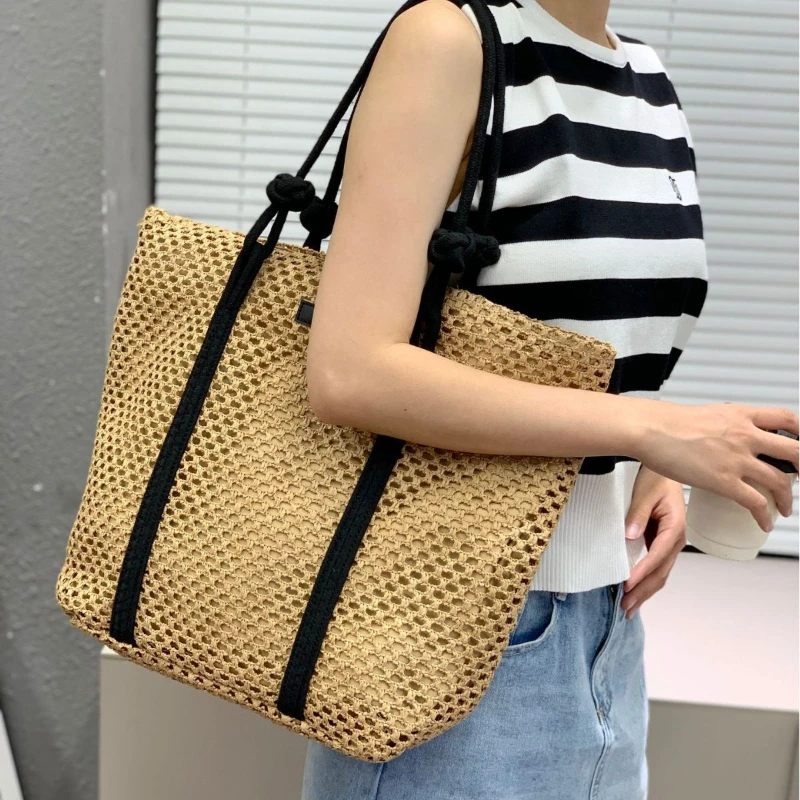 

Плетеная вместительная пляжная дорожная сумка-тоут, соломенный женский саквояж на плечо с накладной, модный чемоданчик