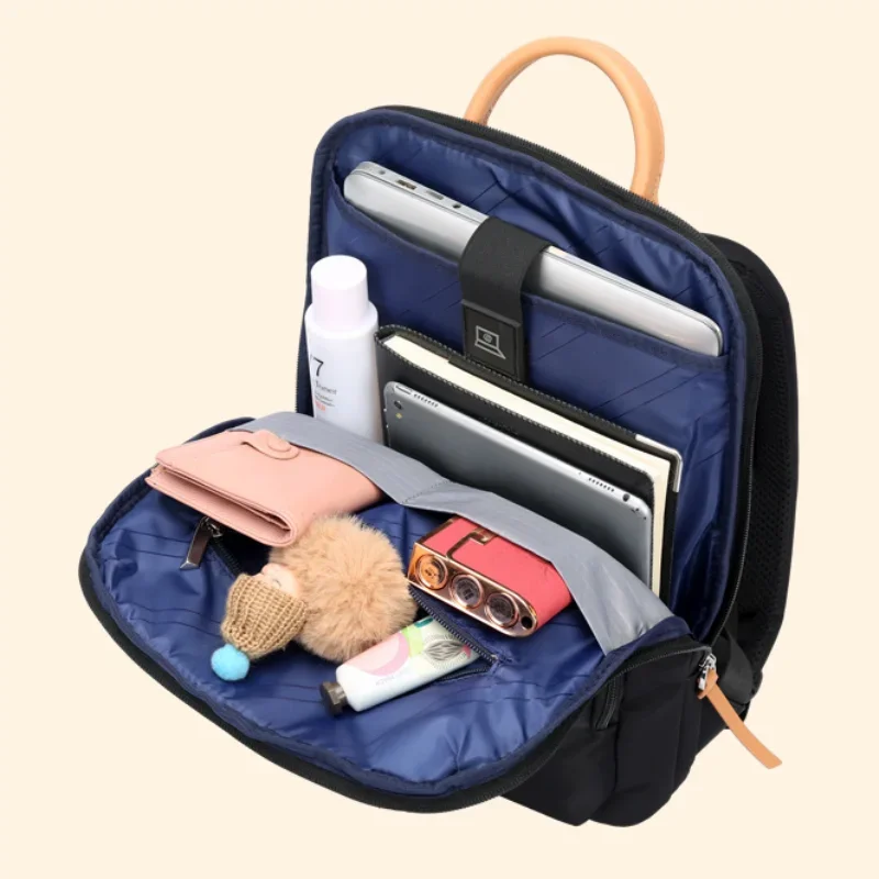 BOPAI Women Fashion Lightweight Commuter Backpack Business Cowhide Shoulder Bag Waterproof Nylon Bag 14 inch Computer Bag 6