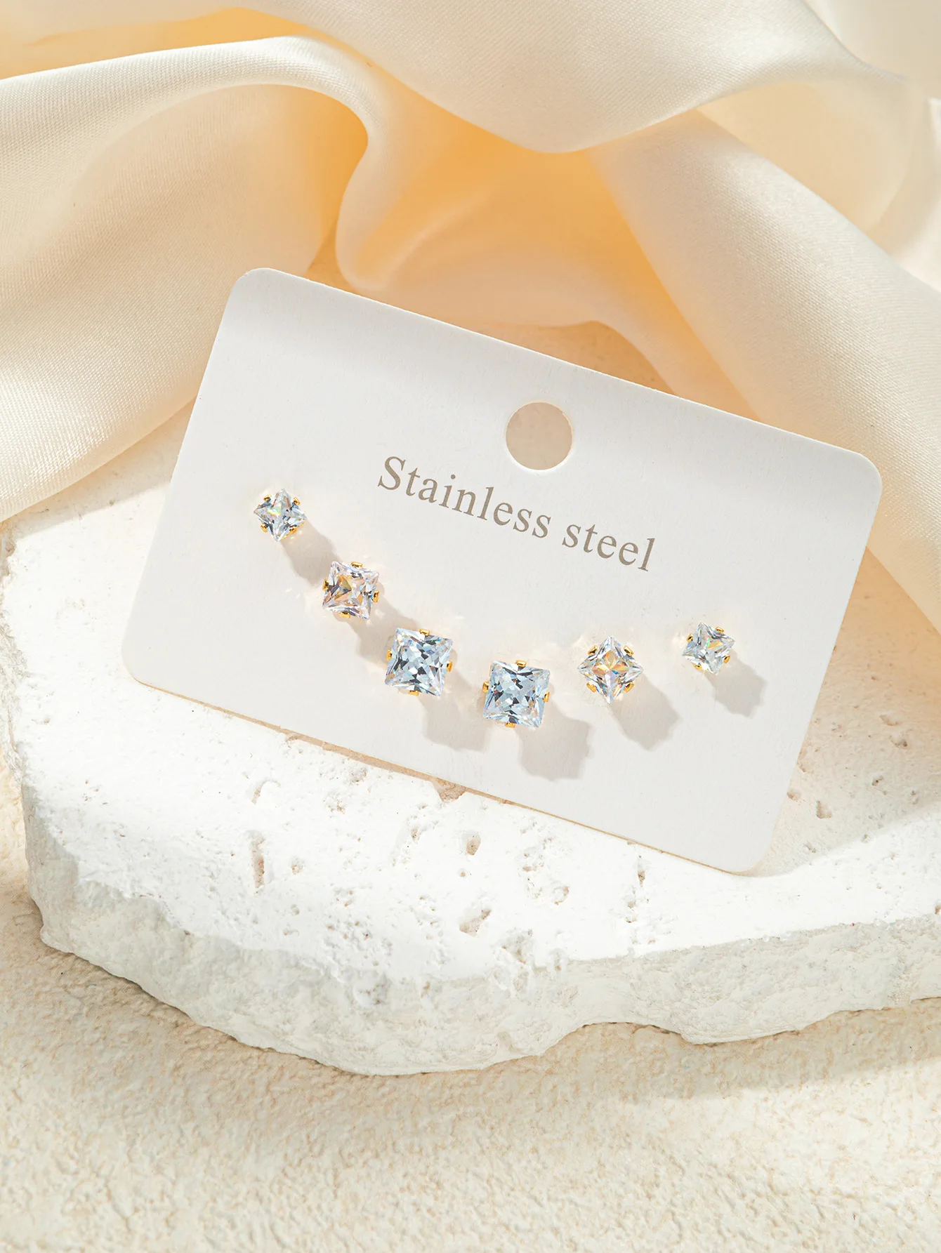 Classic 3 Pairs Square Round Cubic Zircon Stud Earrings Set Crystal Jewelry 5