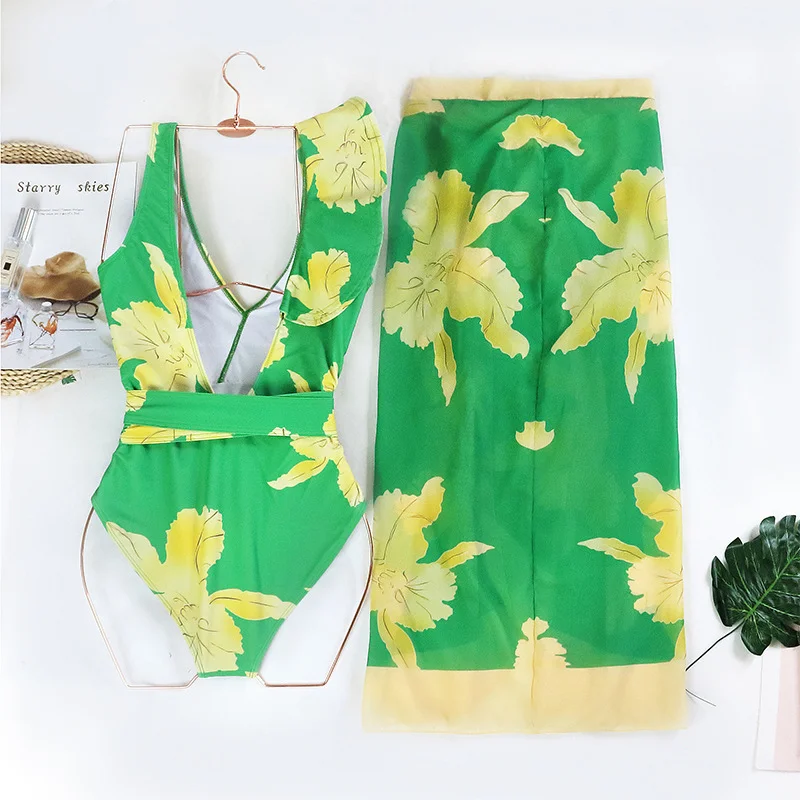 Bodysuit Bikini Sets Women With Long Skirt Cover Ups Bathing Suit Fashion New Print Elegant Sexy Beach Holiday Bodysuit Swimwear