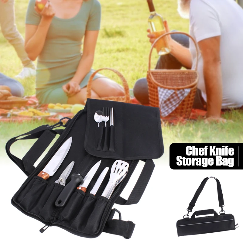 

Portable Chef Knife Bag Roll Carry Case Foldable Black Oxford Kitchen Cooking Durable Butcher Knife Set Storage Pockets