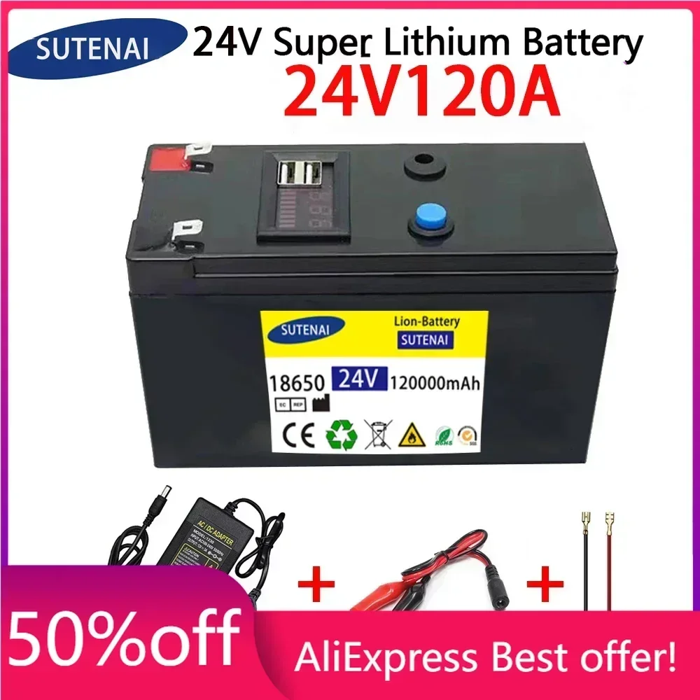 

24V 120Ah Battery 18650 lithium battery pack Rechargeable battery for solar energy electric vehicle battery+25.2v2A charger