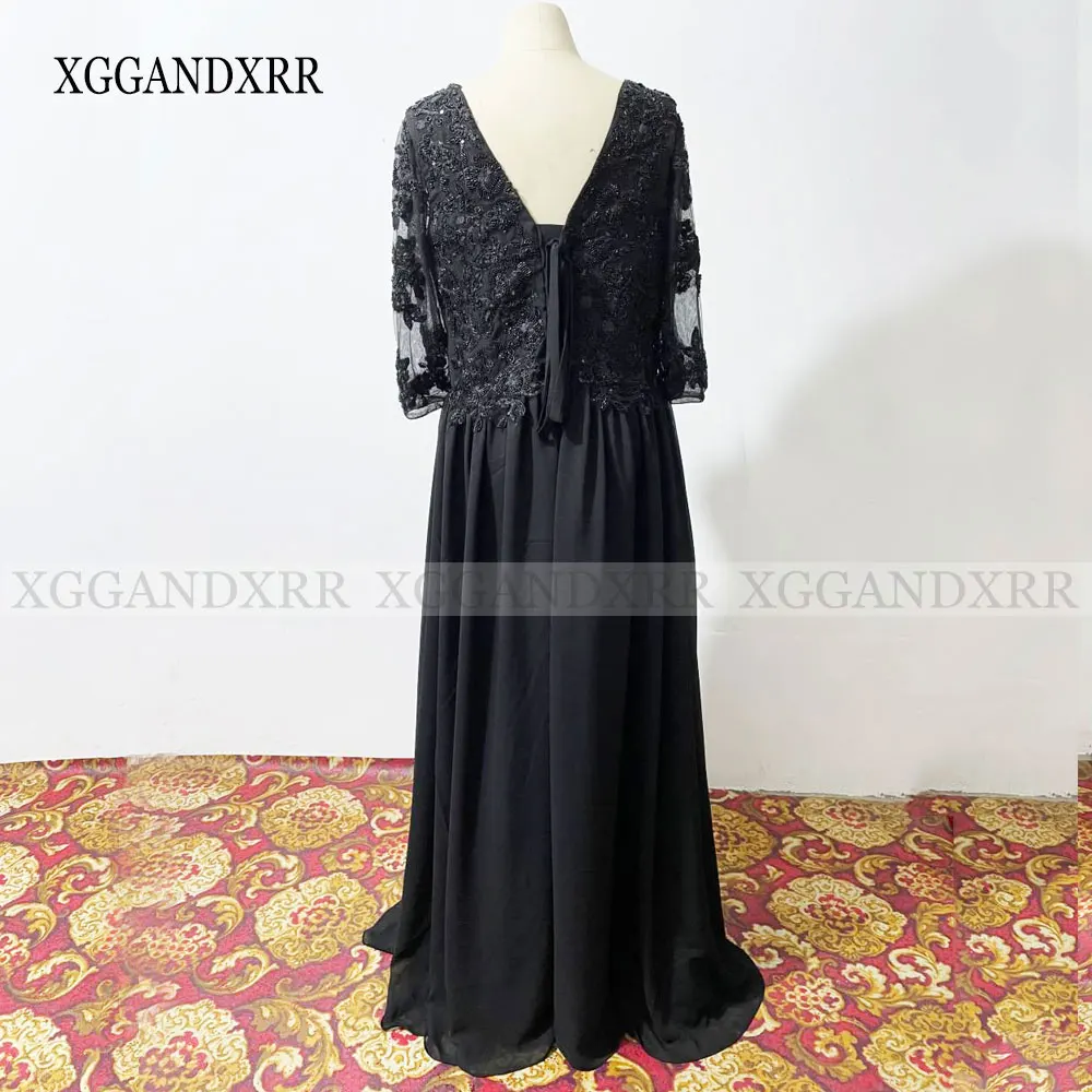 Elegant V Neck Mother of Bride Dress Navy Blue Chiffon Evening Dress Women for Wedding Party Half Sleeves Beading Lace Applique