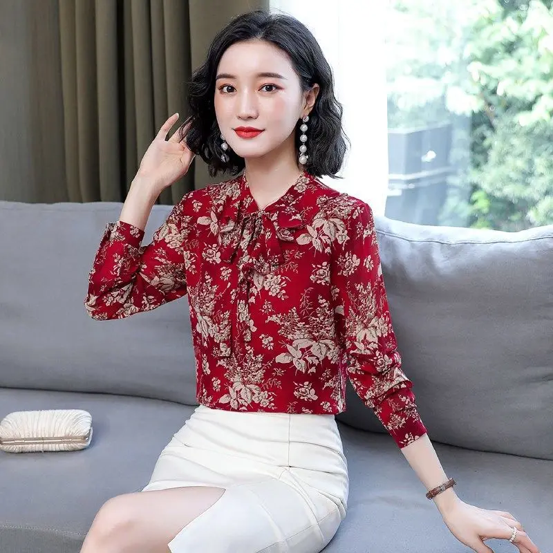 Floral Chiffon Blouse Spring Autumn New Long Sleeve Lacing Printing Plus Size Office Shirt Tops Vintage Elegant Women Clothing