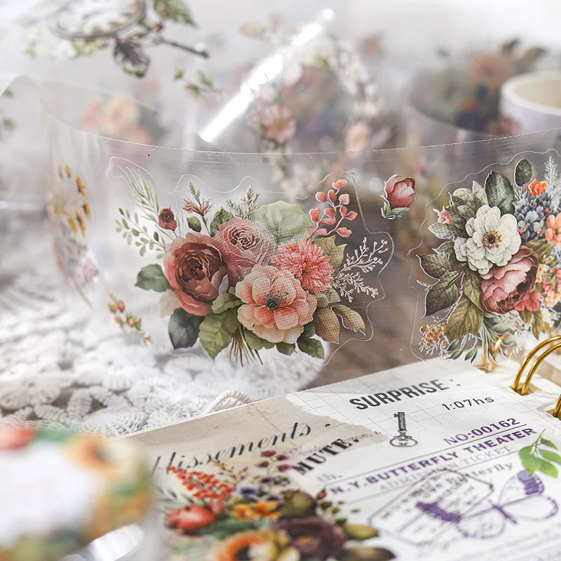 200cm/롤 애완 동물 복고풍 꽃 테이프 흰색 잉크 컷 필름 다채로운 꽃다발 시리즈 특수 모양의 핸드북 조경 재료 스티커