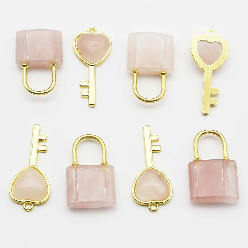 High Quality Natural Stone Crystal Heart Key Couple Lock Set Pendant Charm Fashion DIY Jewelry Gift Accessories Wholesale 6Setof