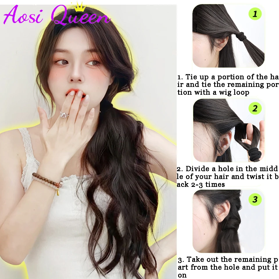 AOSI Synthetic Wig Ponytail Women's Long Hair Sweet And Cool Elastic Band With Strap Low Tie Natural Lightly Curly Ponytail synthetic ponytail synthetic hair accessories