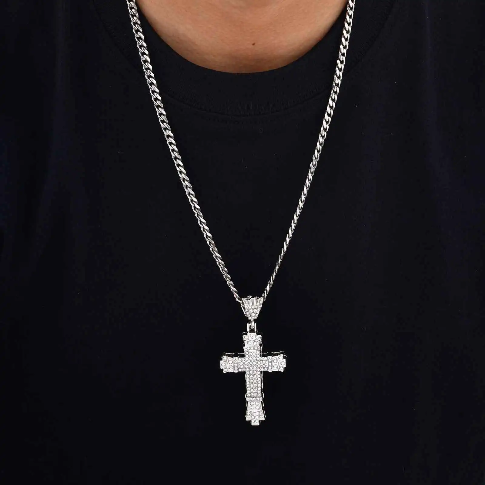 Hiphop Rhinestone Cross Necklace for Men Boys,Punk Rap Street Cool Cross Metal Pendant with Stainless Steel Cuban Chain Gift