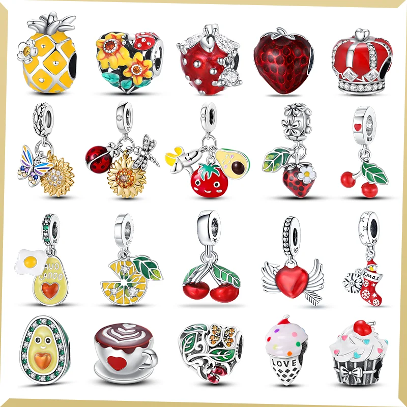 

925 Sterling Silver Strawberry Pineapple Lemon Charm Beaded Pendant Fit Original Pandora Bracelet Party DIY Jewelry Women Gifts