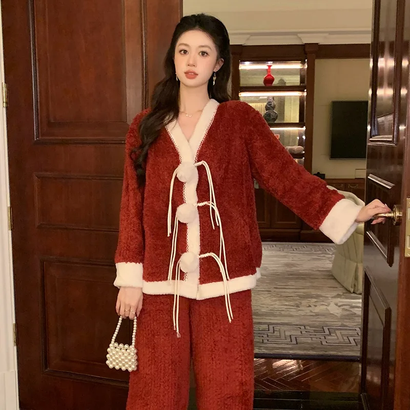 SXTHAENOO 2024 Women Casual Warm Sleepwear Home Suits Ladies Minimalism Thickened Flannel Sleep Wear New Winter Thick Pajamas