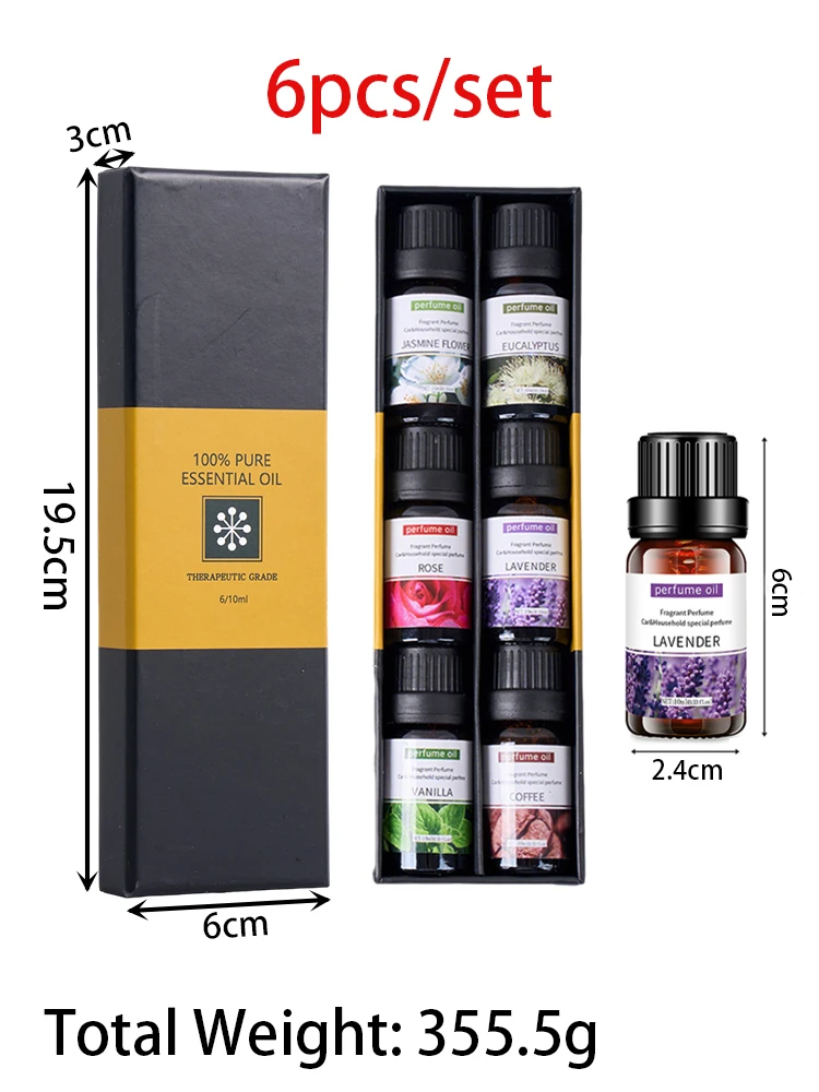 Set of 6 Natural Plant Essential Oils - Water-Soluble Aromatherapy for Diffusers, Humidifiers, Massage, and DIY Candles (10ml Each)
