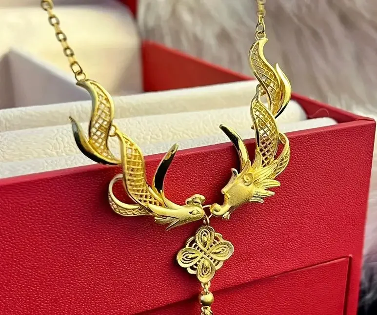 9999 24K Real Gold New Chinese-style High-end Design Dragon Necklace Women's Bride Necklace Wedding Jewelry