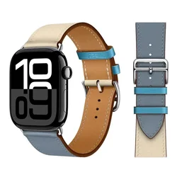 Premium Leather Strap for Apple Watch - Elegant and Durable Bracelet Correa (Blue off - white)