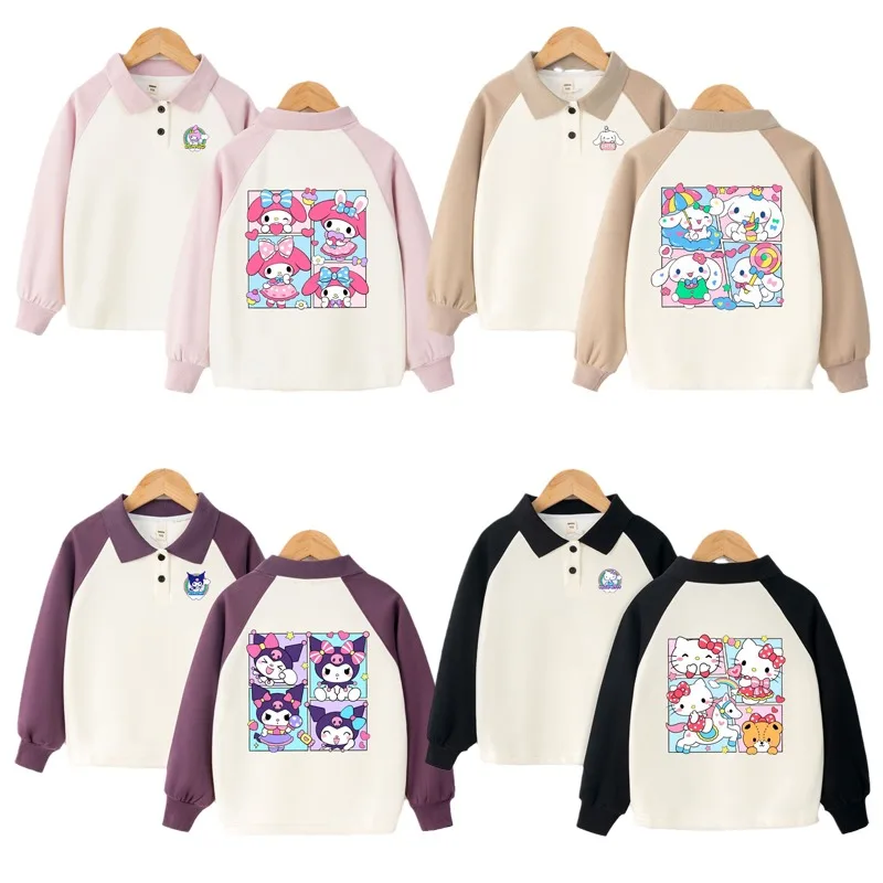 

Милый детский пуловер с отложным воротником Hello Kitty из мультфильма My Melody Cinnamoroll, милый свитер с воротником-поло, свитер с длинными рукавами