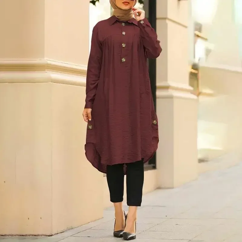 New Summer Muslim Solid Blouse For Women Simple Cotton Linen Long Shirt Saudi Arabia Islam Femme Tops Lady A-Line Shirt Dresses