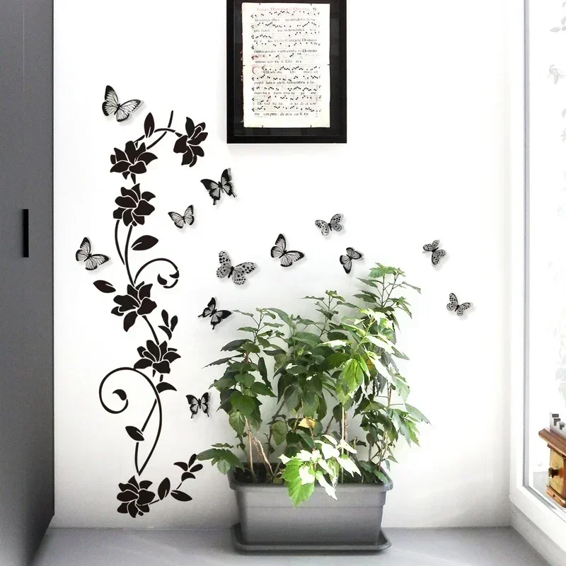 Black Flower Vine 3D Butterfly Wall Sticker 6