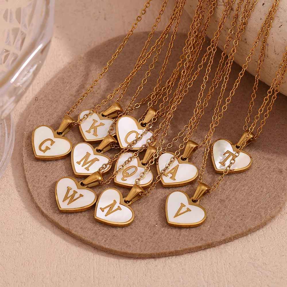 Heart Shell Letter Pendant Necklace Cute Water Resistant 18K Gold