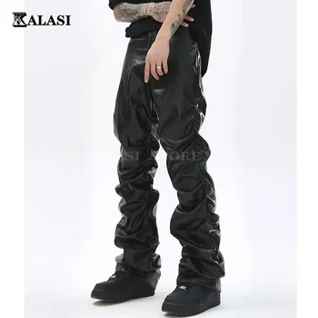 Hip Hop Mens Pleated Pu Leather Pants Harajuku Retro Streetwear Loose Ruched Casual Trousers Straight Solid Color Black Pants 1