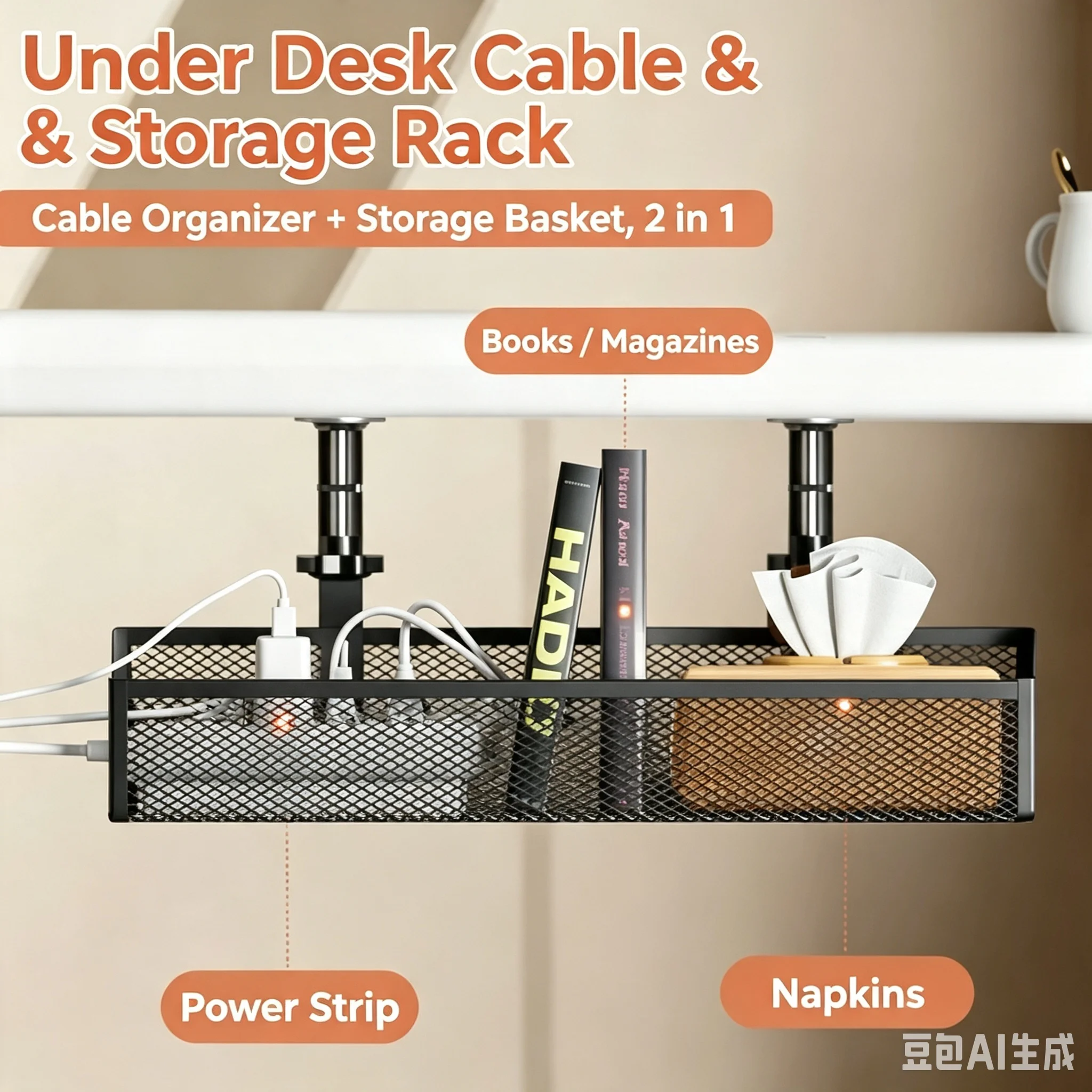 1pcs No Drill Steel Desk Cable Organizer Under Management Tray Wire - Image 2
