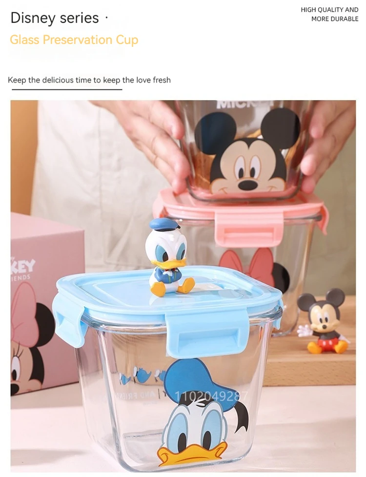 Disney Mickey Minnie Daisy Glass Crisper With Lid Lunch Box Microwave Heating Sealed Box Food-Grade Cute Fruit Lunch Box 900Ml