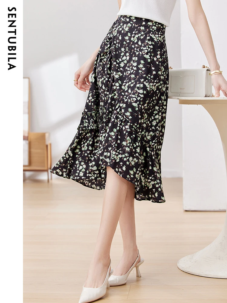 SENTUBILA Fashion Asymmetrical Ruffle Midi Skirt for Women 2023 A Line Floral Print Flowy Vintage Summer Skirt Office Ladies