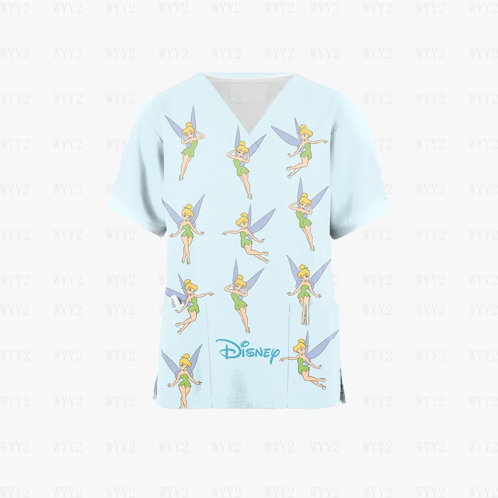 

2023 New Nurse Uniform Doctor Overalls Disney Wonder Fairy Print Pocket Ladies Clothes V Neck Scrub Tops Ladies