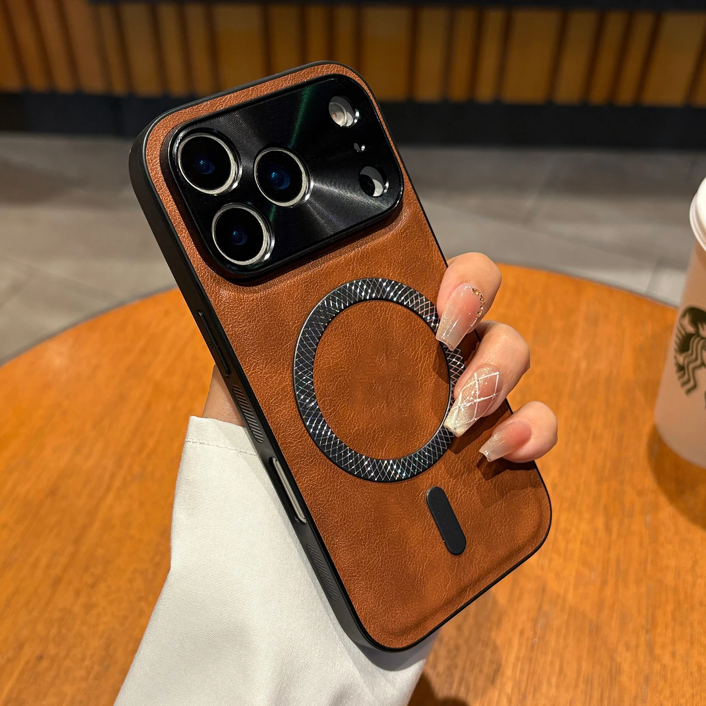 Magnetic Leather Shockproof Case with Metal Camera Shell and Mag-safe Compatibility