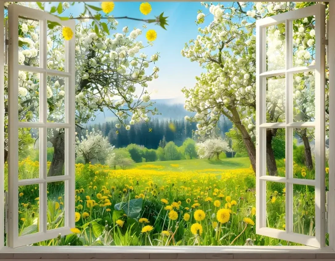 Spring Natural Flowers Background Window Landscape Garden Grassland Cherry Blossoms Banner Birthday Party Photography Props
