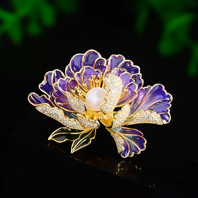 

New Elegant Freshwater Pearl High-end Enamel Peony Flower Brooch Luxury Micro-zircon Accessories Pins Coat Corsage Holiday Gift