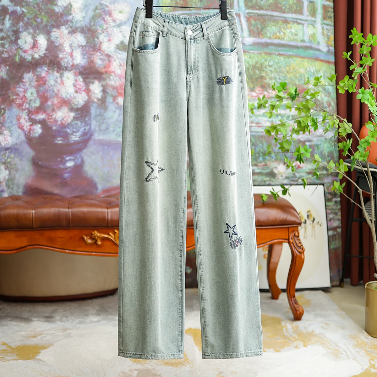 

High-quality Temperament In The High Waist Positioning Embroidered Micro Wide-legged Jeans Female Casual Fashion Pants Clothing