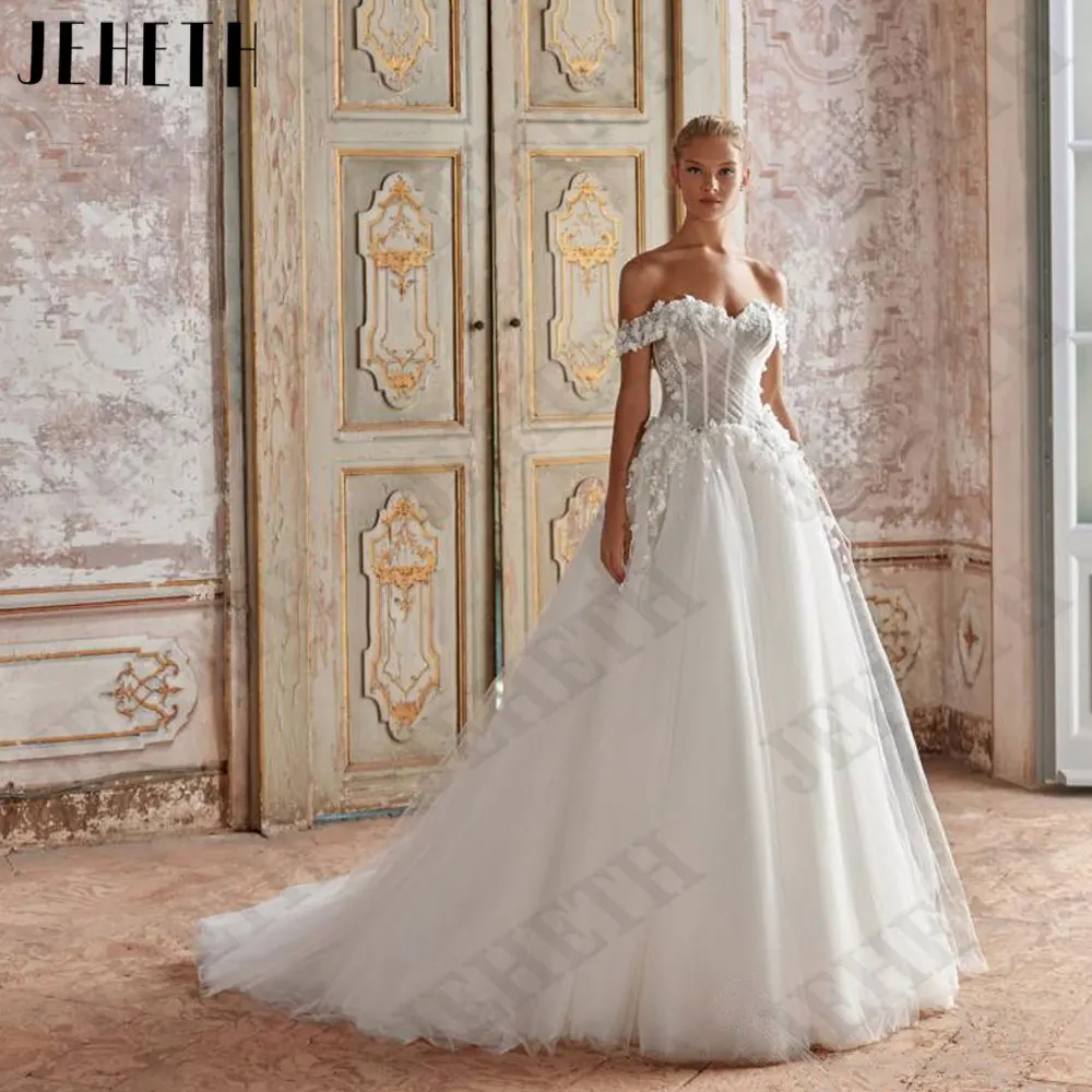 

JEHETH Appliques Off Shoulder Wedding Dresses Sweetheart Neck A-Line Tulle Bride Gowns Back Lace Up robes de mariée Custom Made