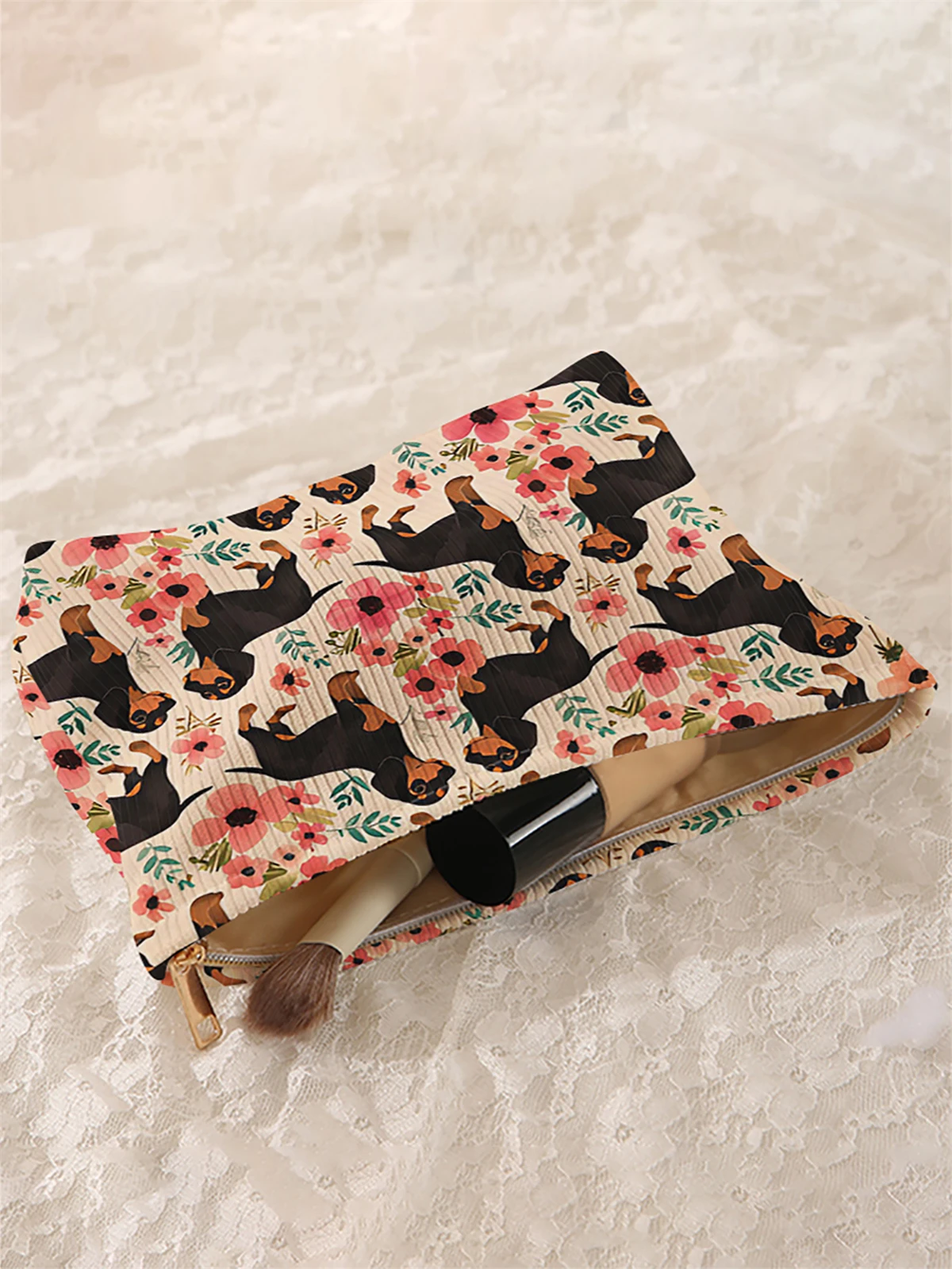 1 cartoon dog pattern corduroy makeup bag, lightweight zipper makeup storage box, multifunctional bag with lining