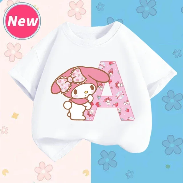 thumbnail image 1 of Camiseta de manga corta para niños con letras de la A a la Z de My Melody Anime, camiseta de algodón de verano para niños de Sanrio, regalo de cumpleaños kawaii suave con forma de corazón para niñas, 1 of 5