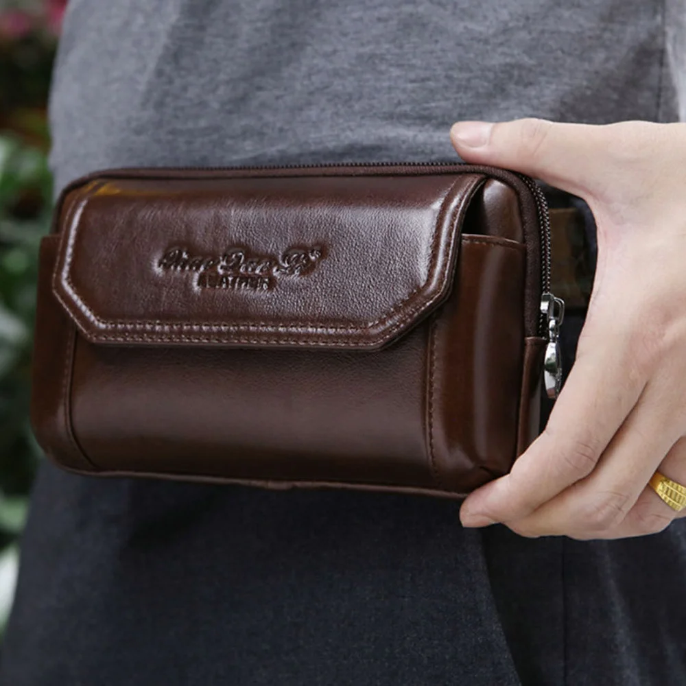 

Men Genuine Leather Real Cowhide Cell Mobile Phone Case Cover Purse Cigarette Money Hip Belt Fanny Bag Waist Pack Father Gift