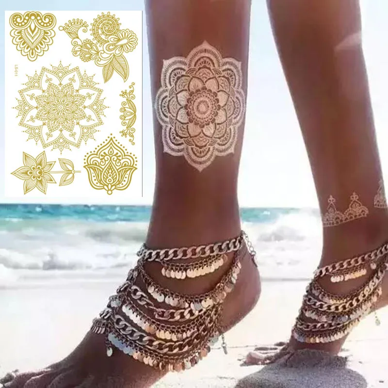 Waterproof Temporary Tattoo Sticker Flowers Mandala Henna Rose Gold Metallic