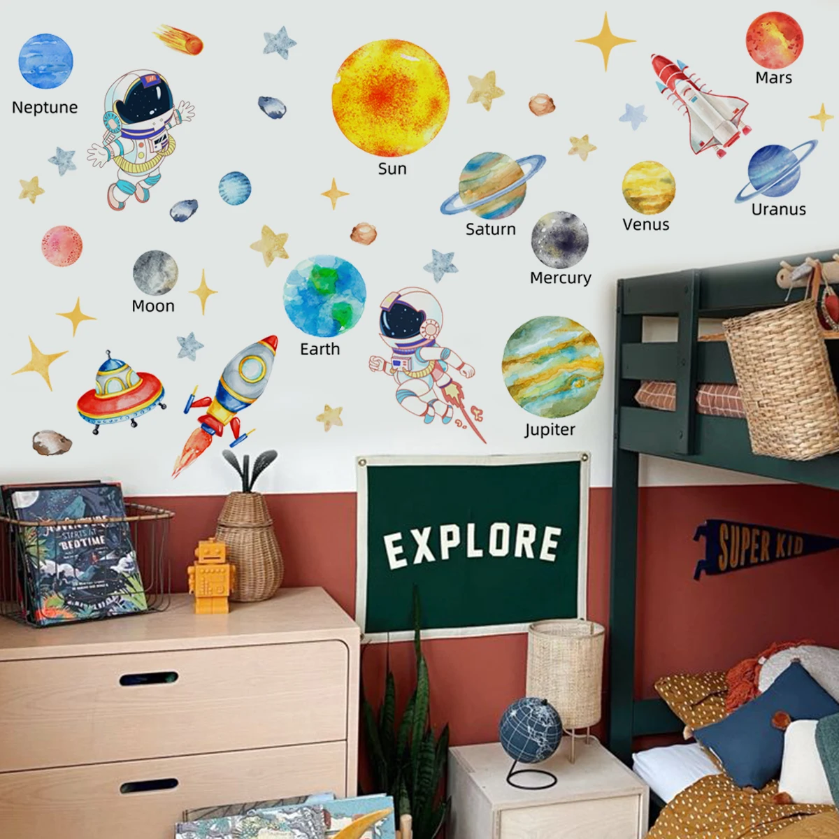 Wall Sticker Solar System Kids Wall Stickers Astronaut Stars Wall Decals Decor for Baby Boy Girl Room Bedroom Living Room Classroom