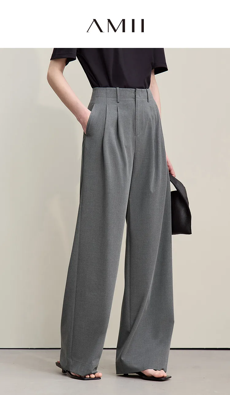 Amii Minimalism Women' S Pants 2026 Spring New Versatile Pleated Loose Wide-leg Pants Solid Color Casual Basic Trousers 12641076
