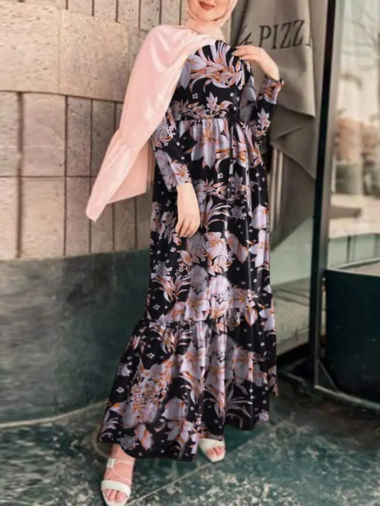 

ZANZEA женский летний элегантный сарафан с оборками винтажное платье-хиджаб Abaya женское модное платье макси с длинным рукавом с цветочным принтом