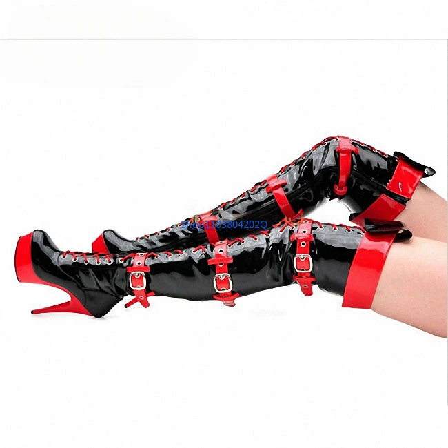 

15Cm Super High Heel Waterproof Table Over The Knee Boots Leather Buckle Fashion Show Star Same Large Size Pole Dance Shoes