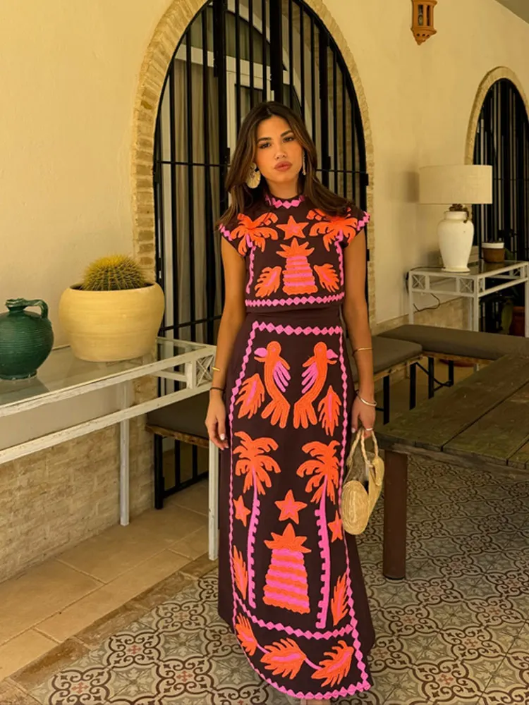Summer Printed High Waist Skirt Top Suits Women Elegant O-neck Flying Sleeves Tops Slim Skirt Sets 2024 New Lady Street Outfit ﻿