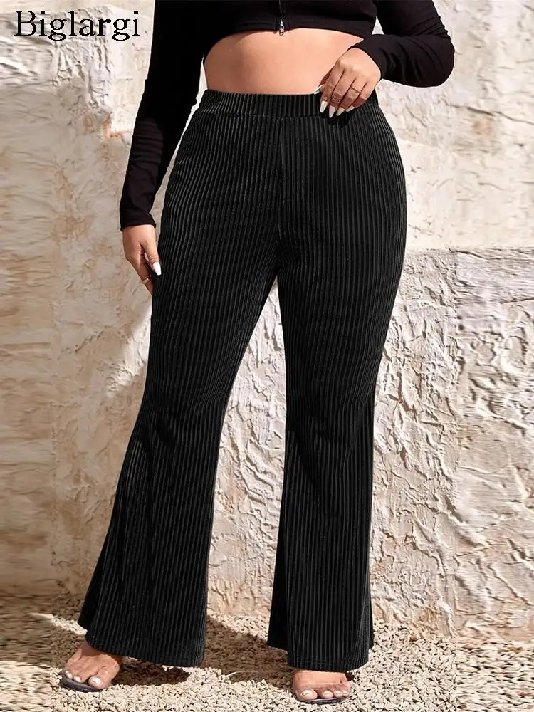 

Plus Size Autumn Winter New Flare Long Pant Women Casual Loose Modis Pleated Striped Ladies Trousers High Waist Woman Pants 2023