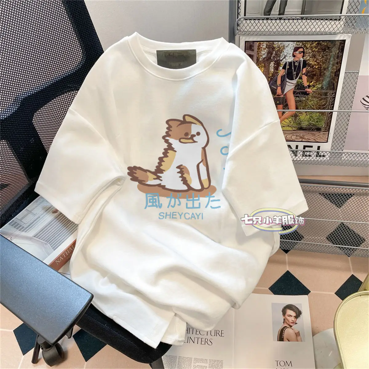 

European and American sweet cartoon pattern printed short-sleeved men and women simple loose and versatile ins couple niche top