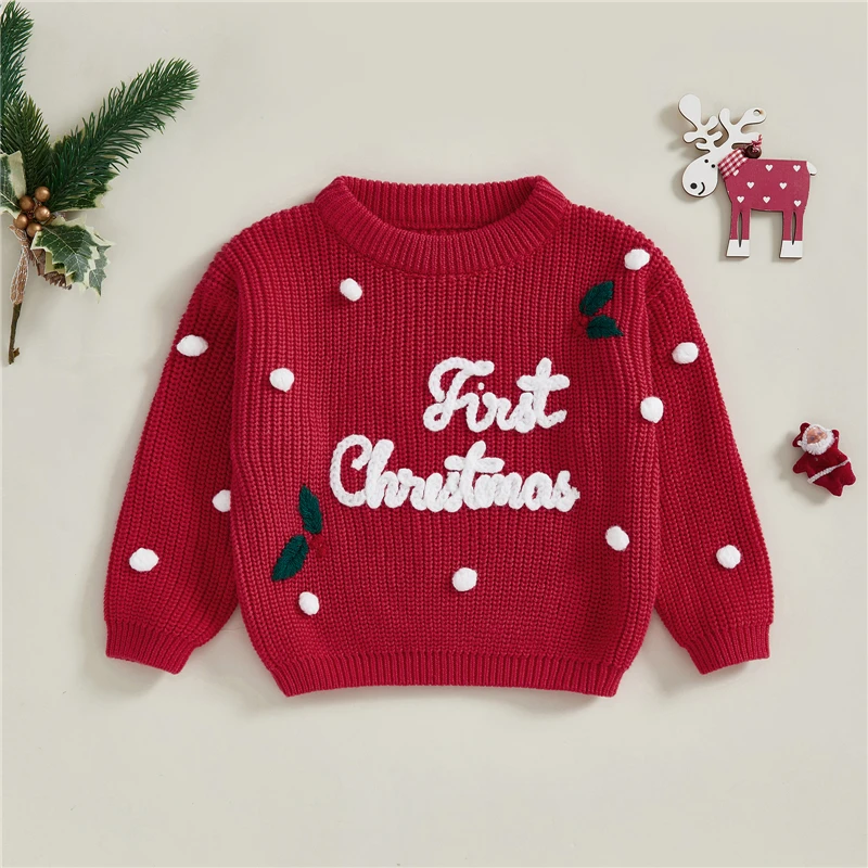 Newborn Baby Boys Girls Christmas Sweaters Long Sleeve Heart Shaped Candy Letter Embroidery Knit Pullovers Infant Jumper Tops